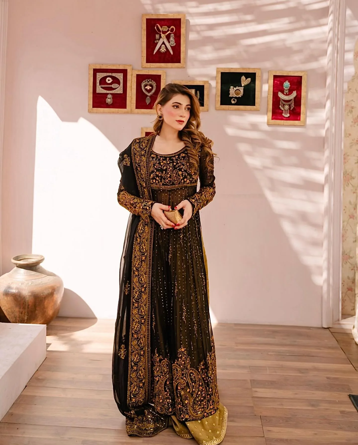 Elegant black three piece Kurtha set with faux georgette palazzo set with dupatta for festive occasions