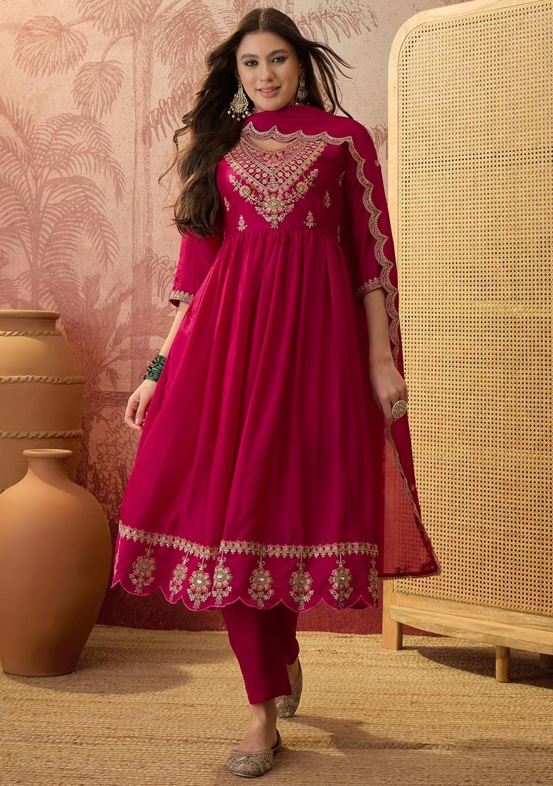 Roman Silk Anarkali Kurti Palazzo Dupatta Set