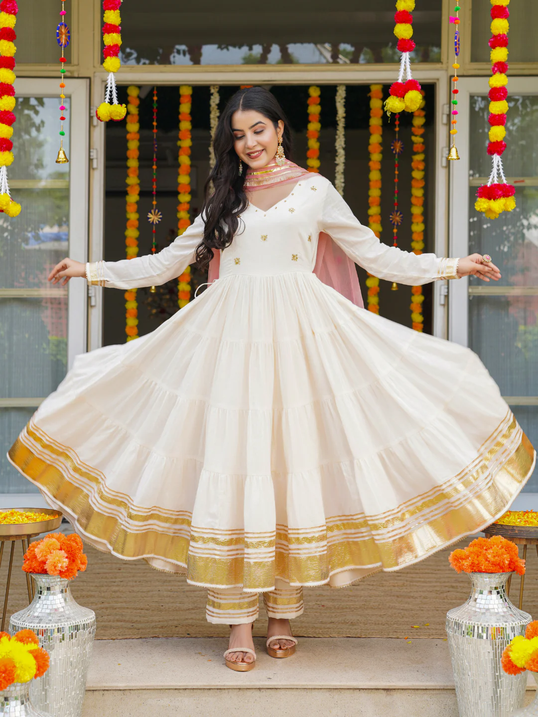 Cream Mulmul Cotton Festive Suit Set with Palazzo & Dupatta