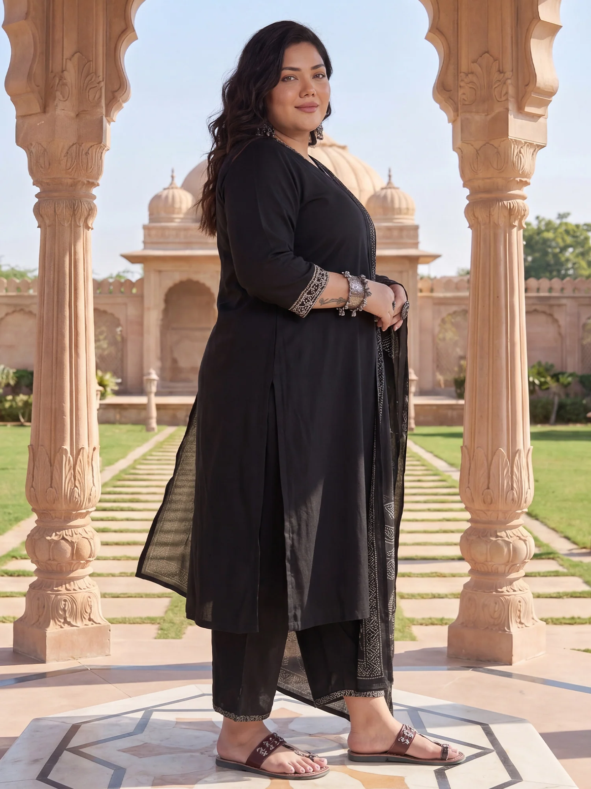 Woman in black traditional outfit standing in front of ornate architectural background