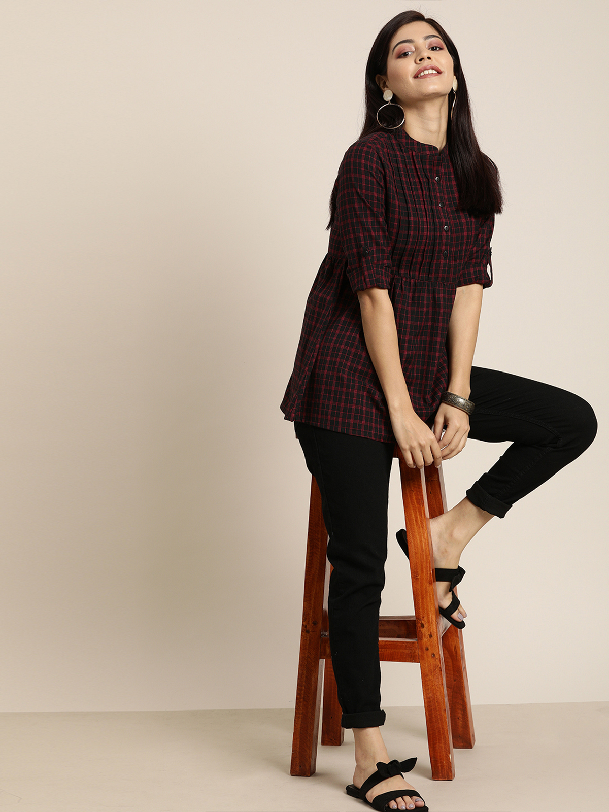 Women’s Black & Red Checked A-Line Top AROMIE.STORE
