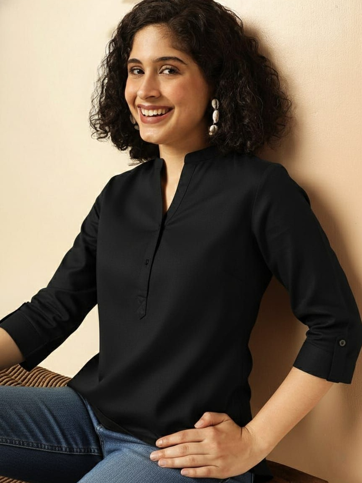Women’s Black Straight Kurti with Mandarin Collar AROMIE.STORE