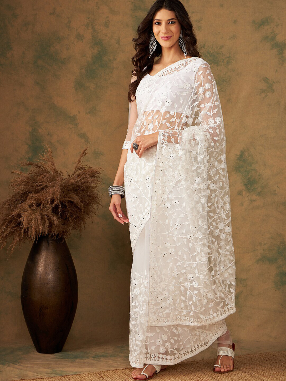 White Floral Embroidered Net Saree with Blouse Piece