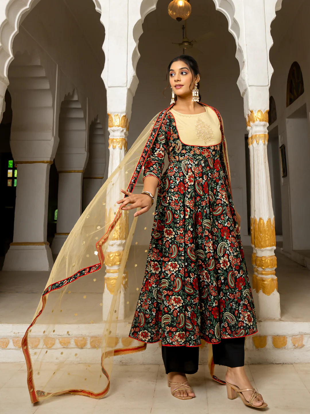 Cotton Anarkali Suit Set with Palazzo & Dupatta