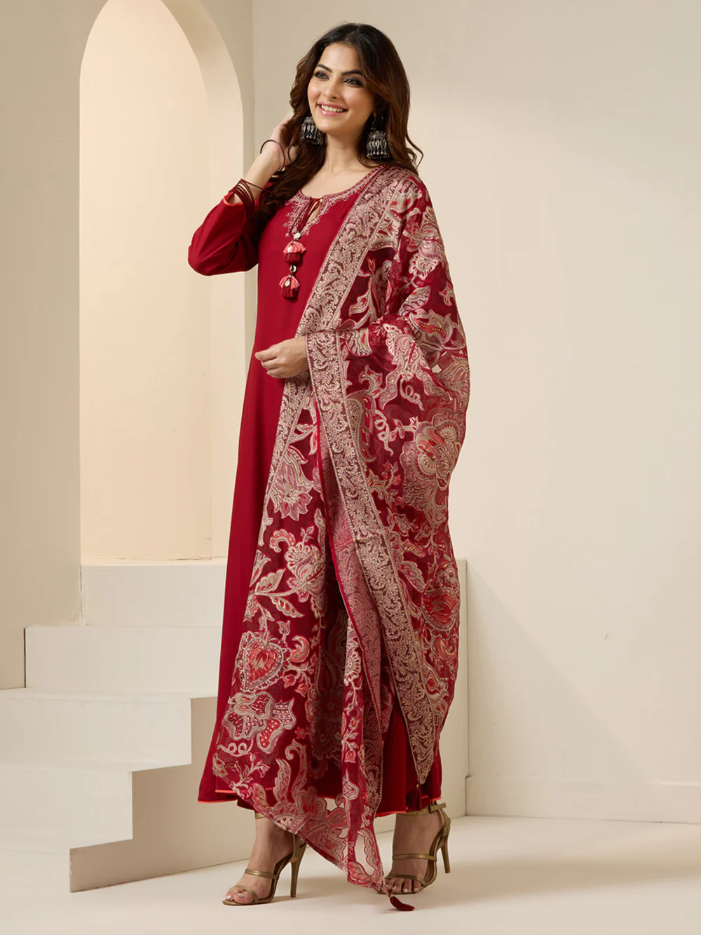 Elegant Maroon Viscose rayon Tieup Neckline Aline kurta set with rich brasso dupatta