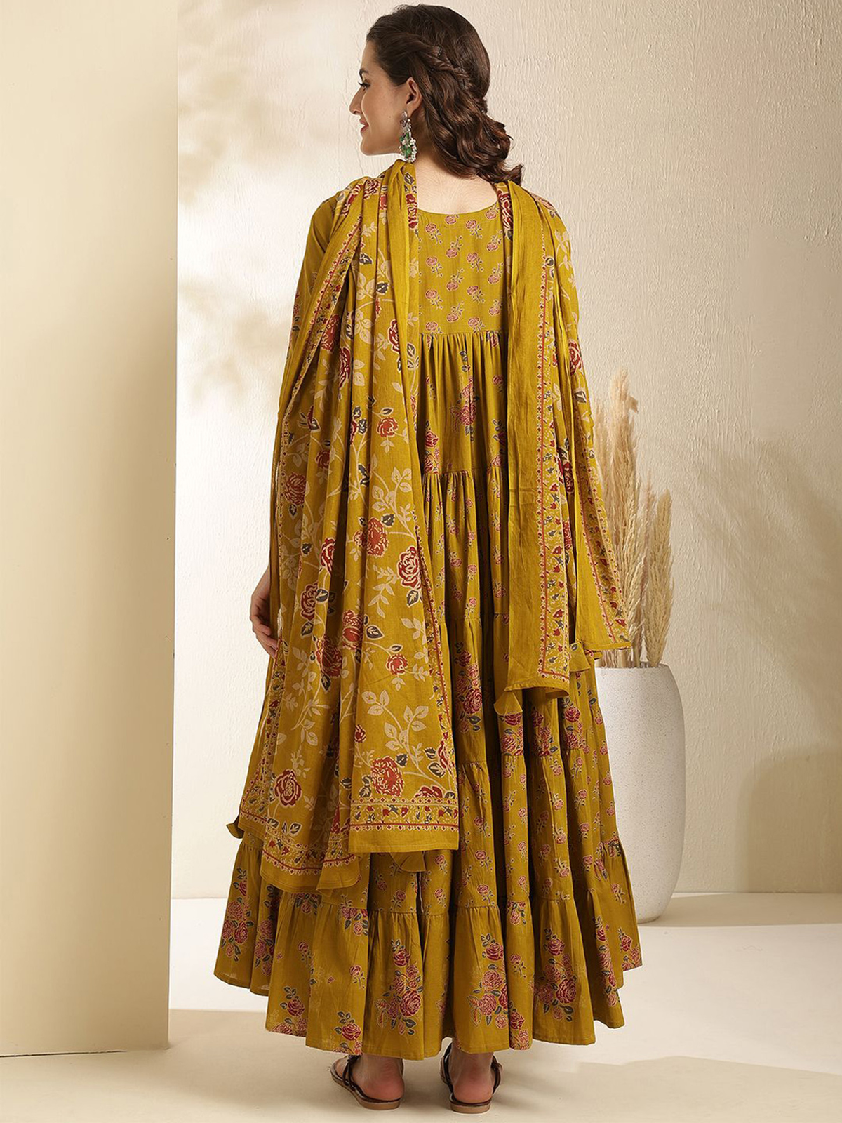 Floral Printed Keyhole Neck Anarkali Pure Cotton Kurta With Trousers & Dupatta