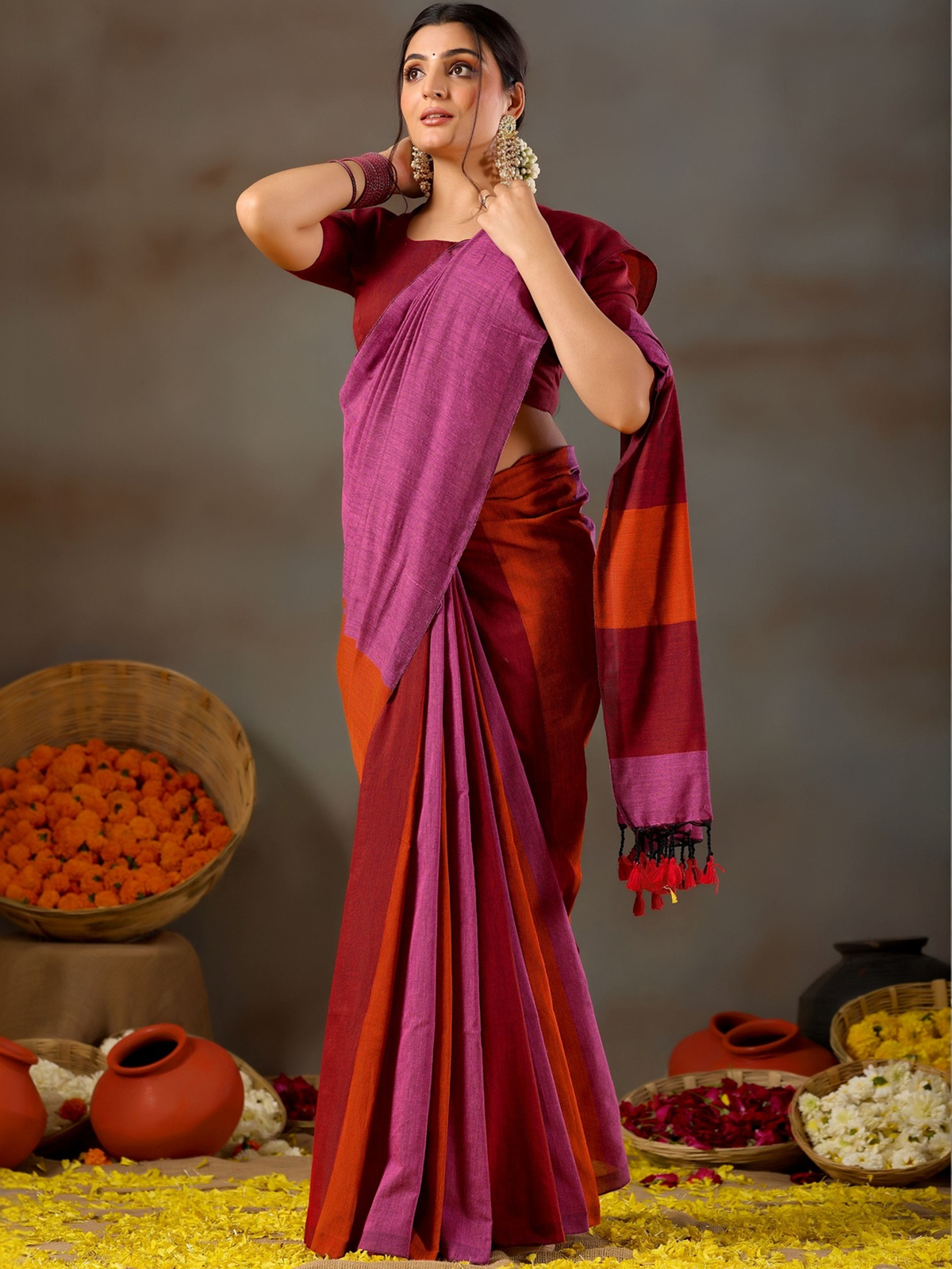 Maroon Solid Khadi Cotton Blend Ready-to-Wear Saree with Zari Detail