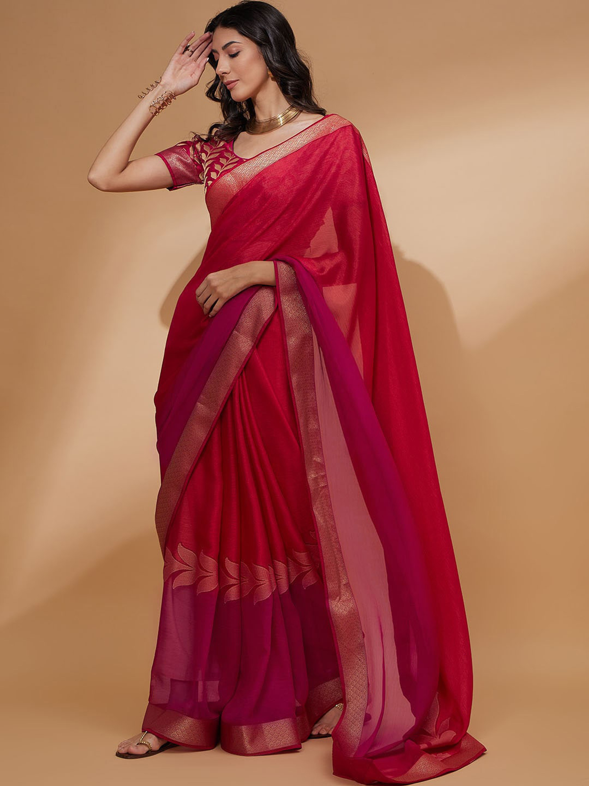 Pink Floral Woven Design Zari Detailed Pure Chiffon Saree aromie