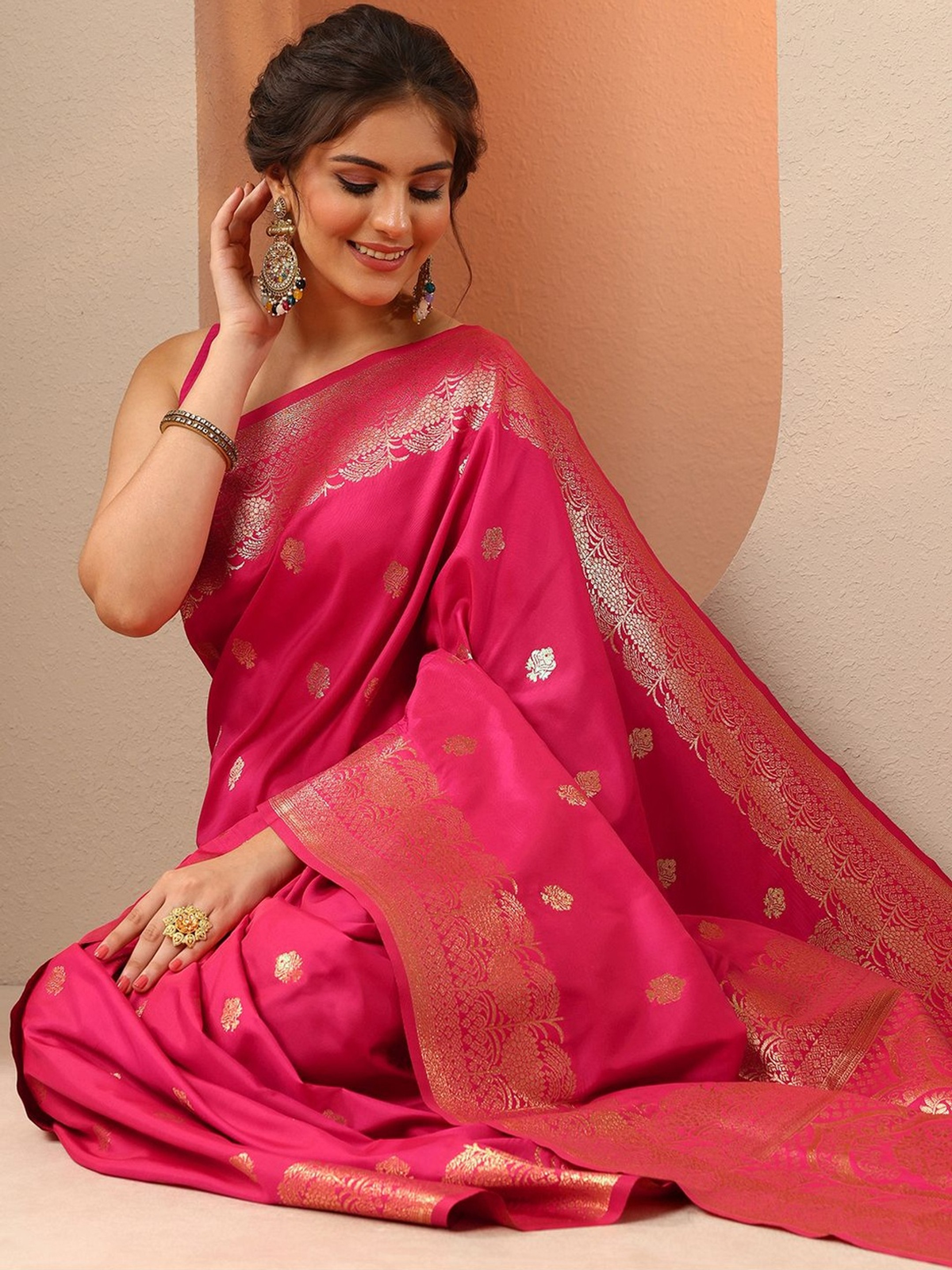 Pink Woven Design Banarasi Saree With Unstitched Blouse Piece aromie