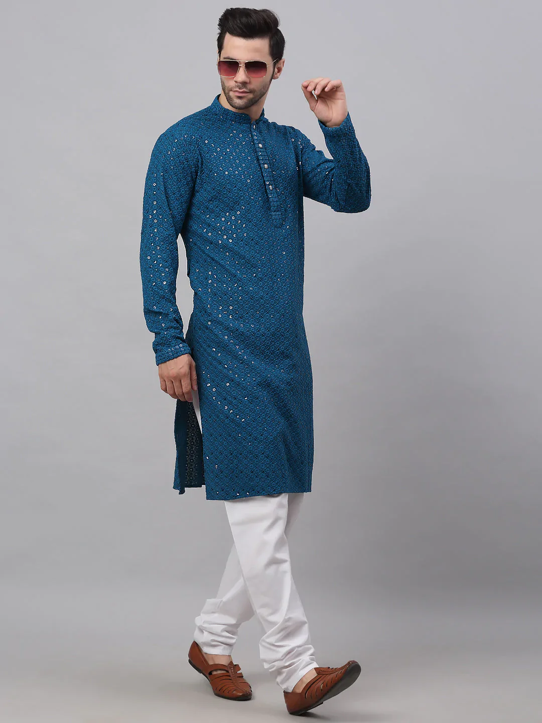 Men Blue Chikankari Embroidered and Sequence Kurta Only