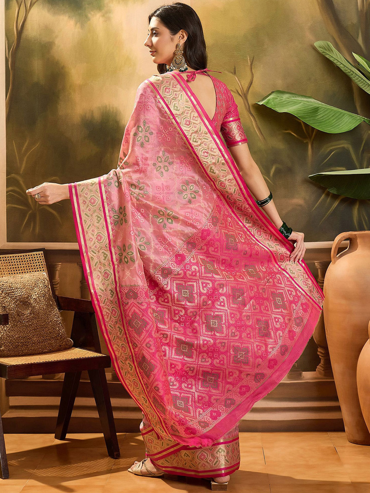 Pink Patola Organza Saree with Woven Design Border & Blouse Piece