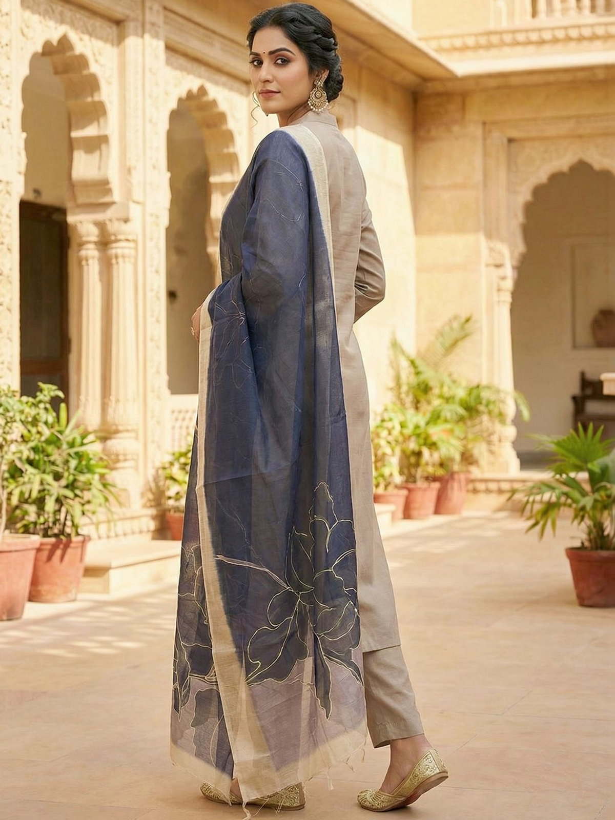 Grey Solid Art Silk Kurta Set with Trousers & Printed Dupatta