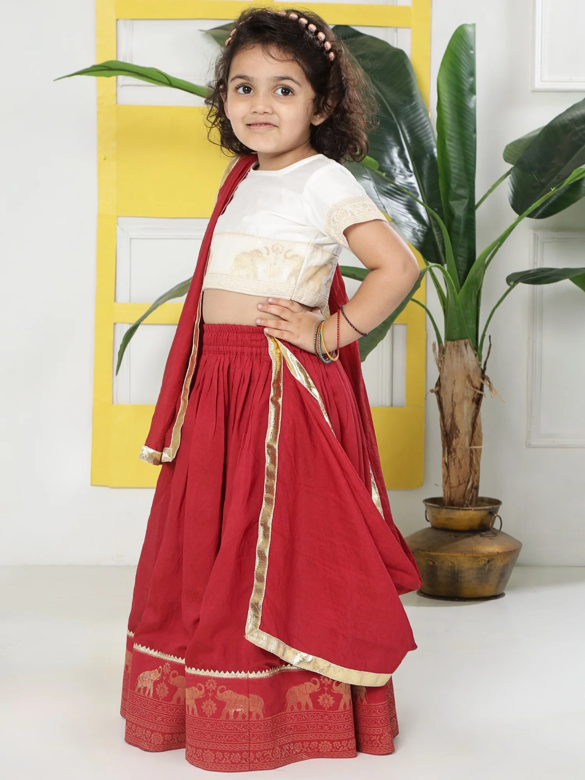Red Elephant Zari Embroidery Chanderi Cotton Lehenga with Stitched Cream Blouse Set