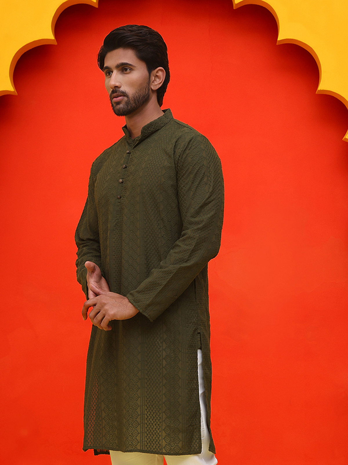 Men’s Olive Green Chikankari Cotton Kurta AROMIE | Affordable Indian Clothes & Dresses in Canada