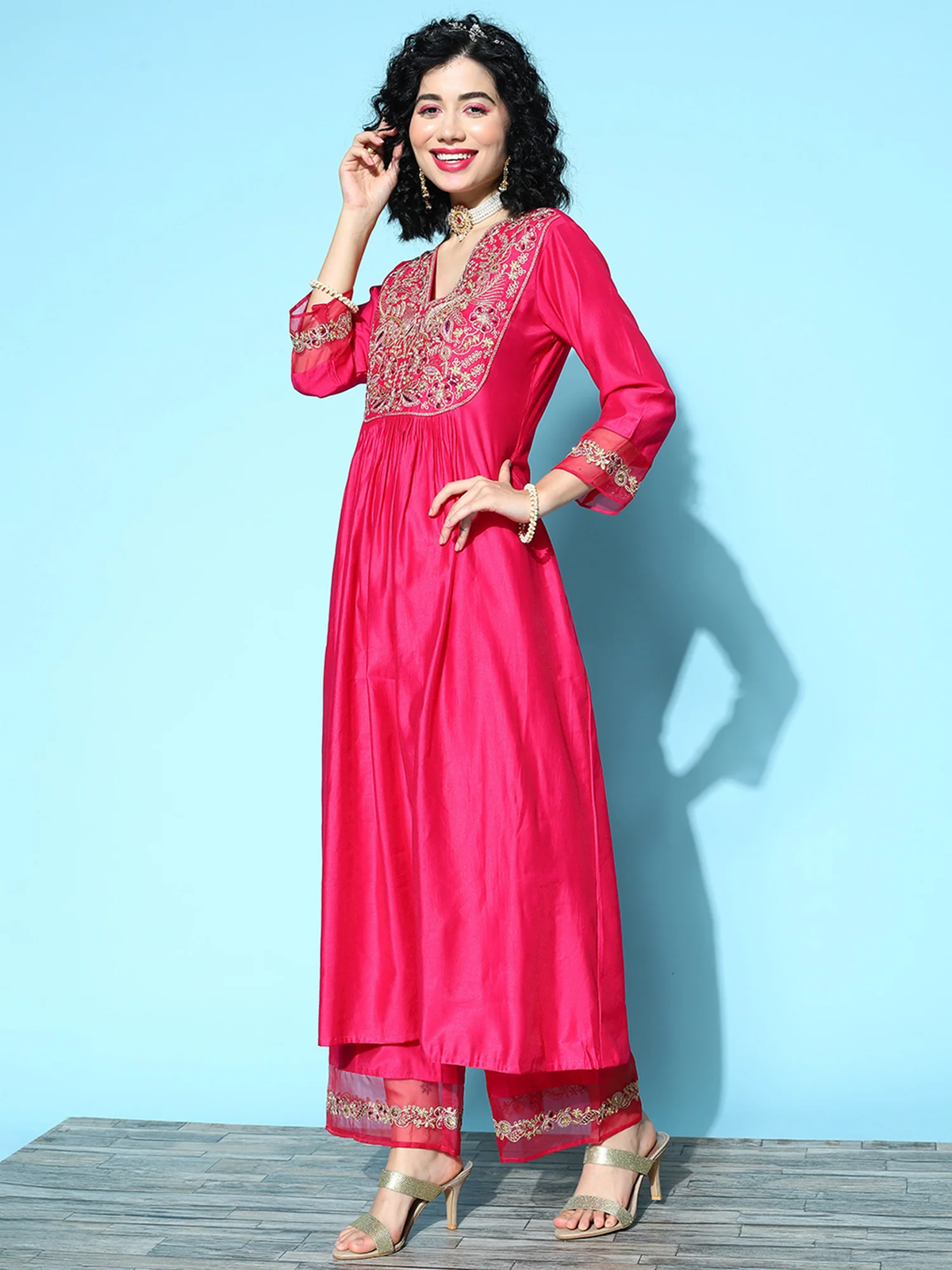 Fuchsia Embroidered Kurta Palazzo Set with Dupatta