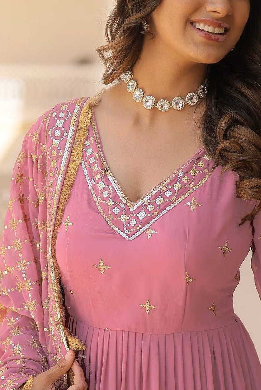 Elegant Festival Anarkali Kurta Set in pink with intricate embroidery and shimmering details