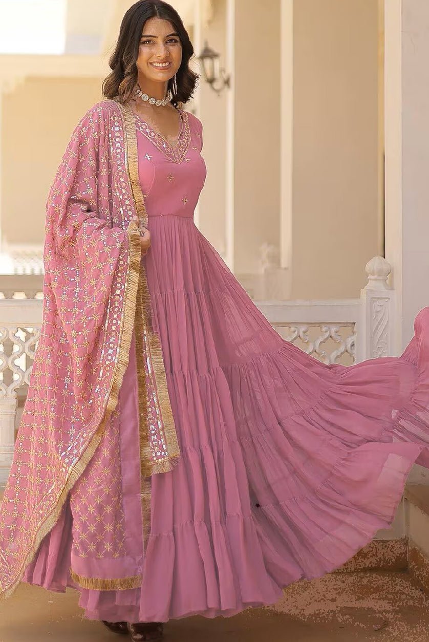 Festival Anarkali Kurta Set in pink with intricate embroidery and flowing silhouette for elegant celebrations