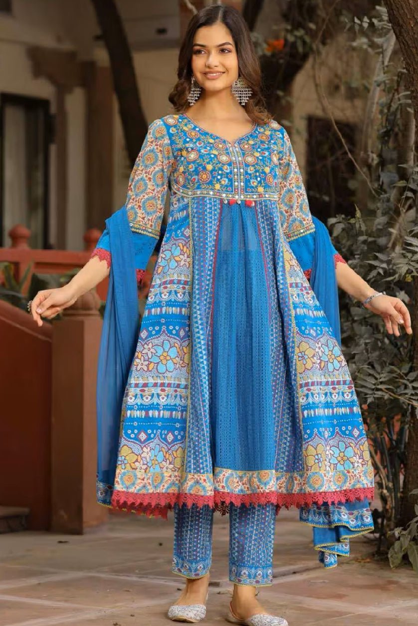 Aromie three piece festive kurta set for women in blue with intricate patterns and elegant details