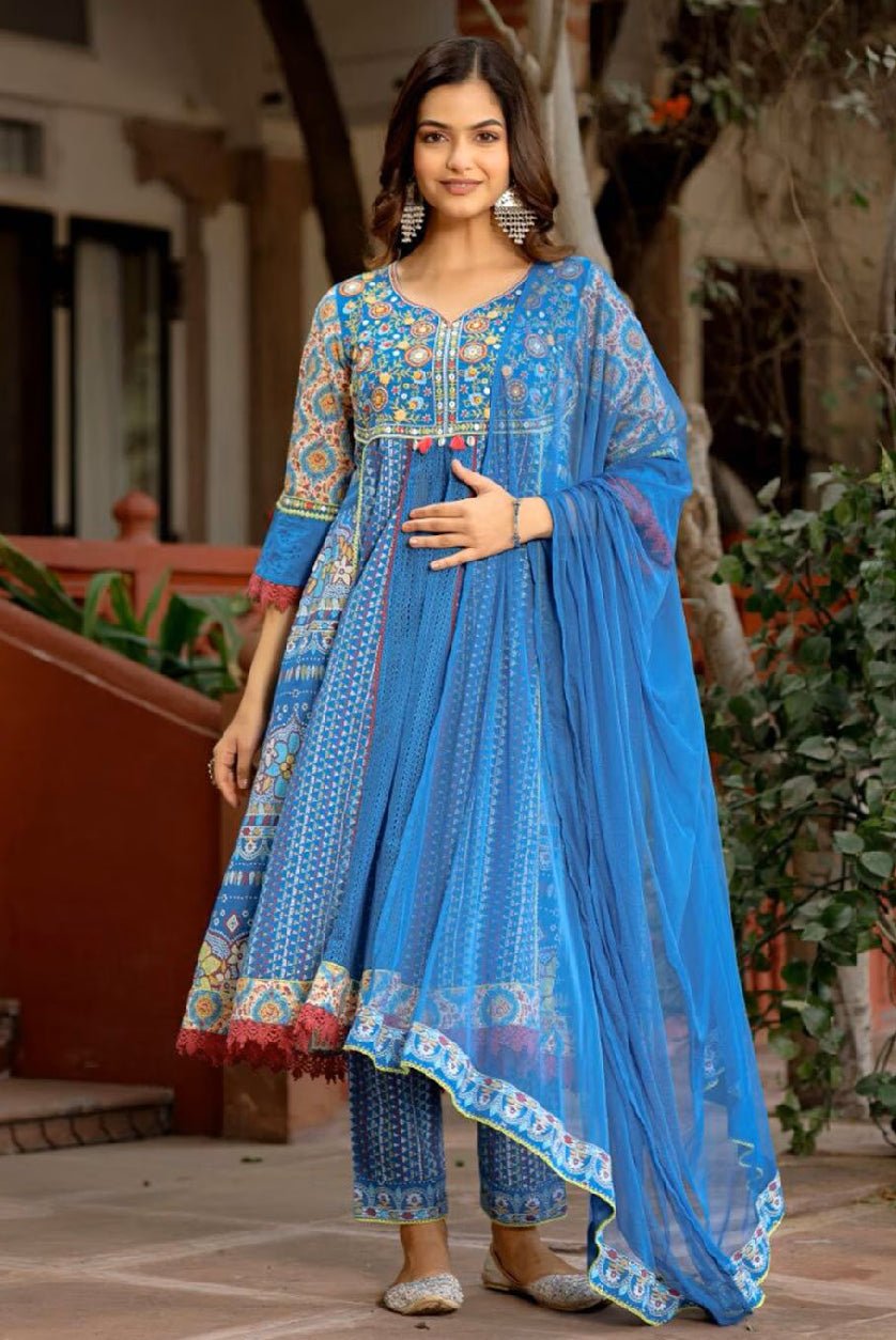 Elegant three piece kurta set for women in blue with intricate embroidery, perfect for festive occasions