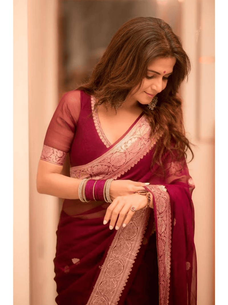 Festive Silk Saree with Zari Weave – Unstitched Blouse | Single Pack - aromie