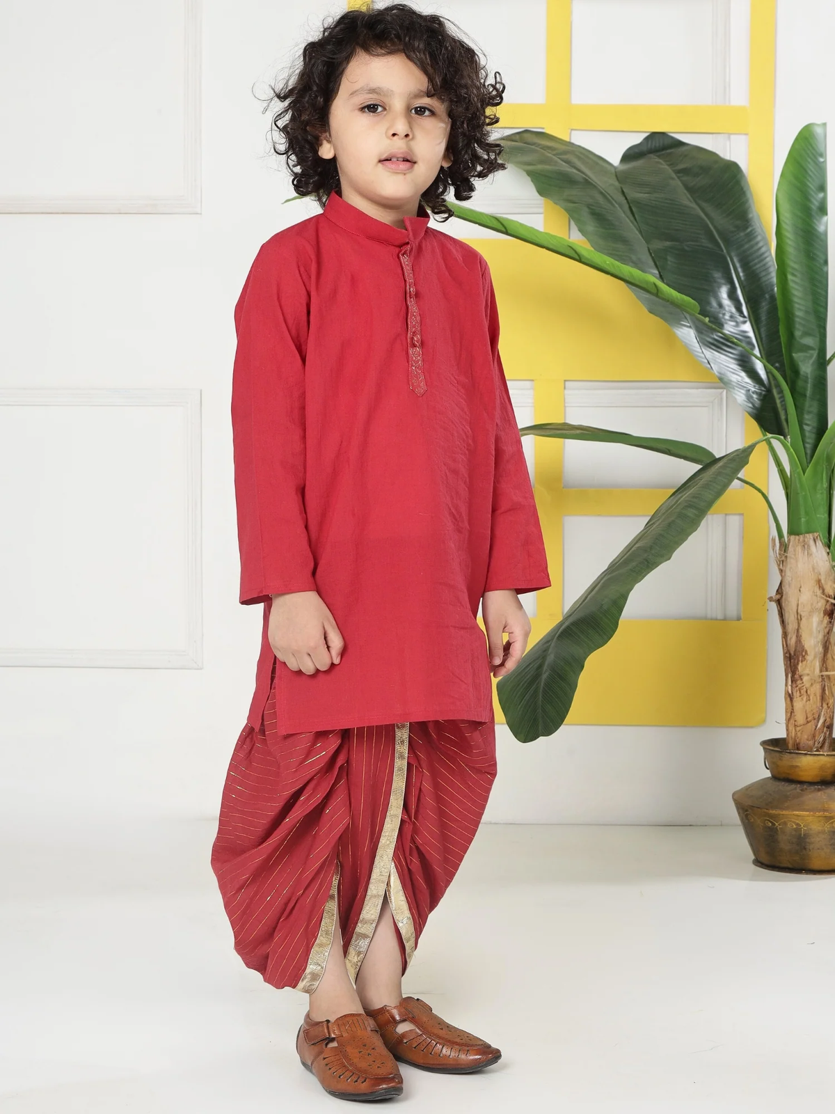 Red Minimal Zari Embroidery Cotton Kurta Dhoti set