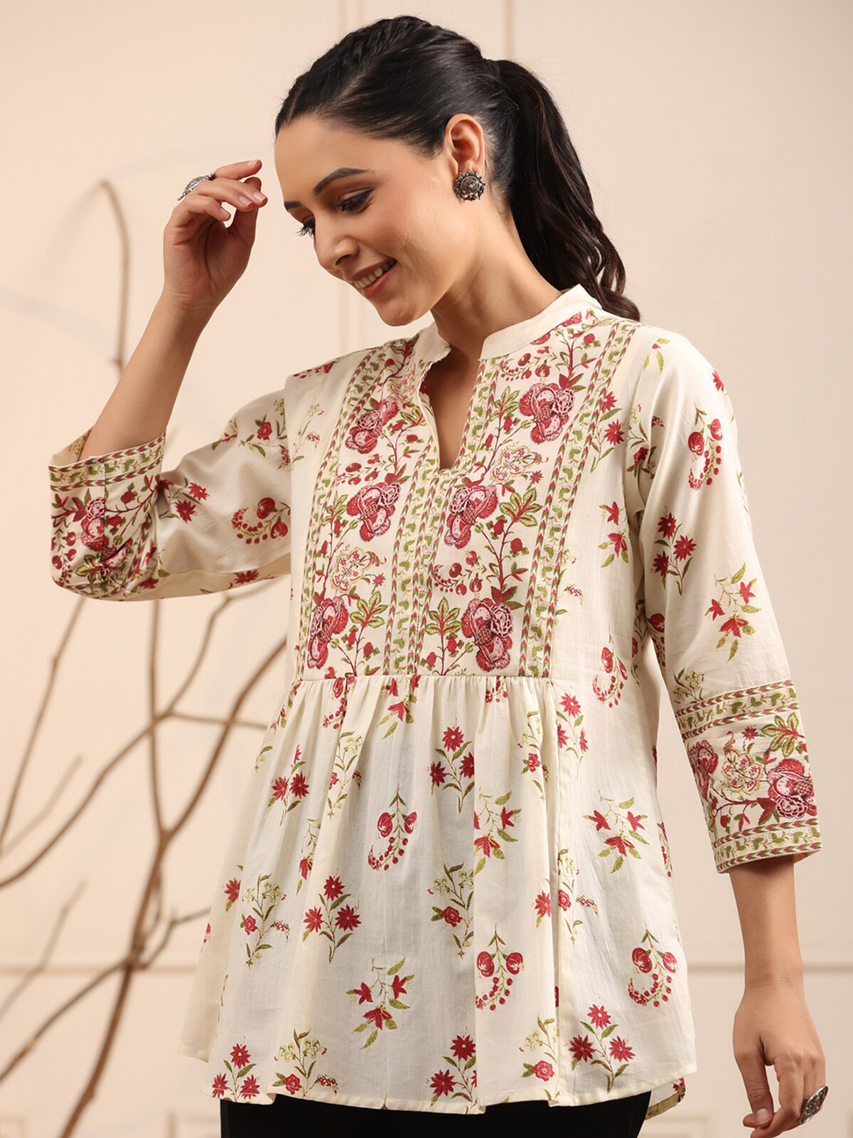 Women’s Cream & Red Floral Print Cotton A-Line Kurti AROMIE.STORE