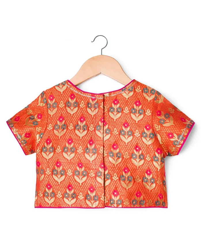 Woven Half Sleeves Lehenga Choli & Dupatta Set With Floral Print – Orange & Light Green