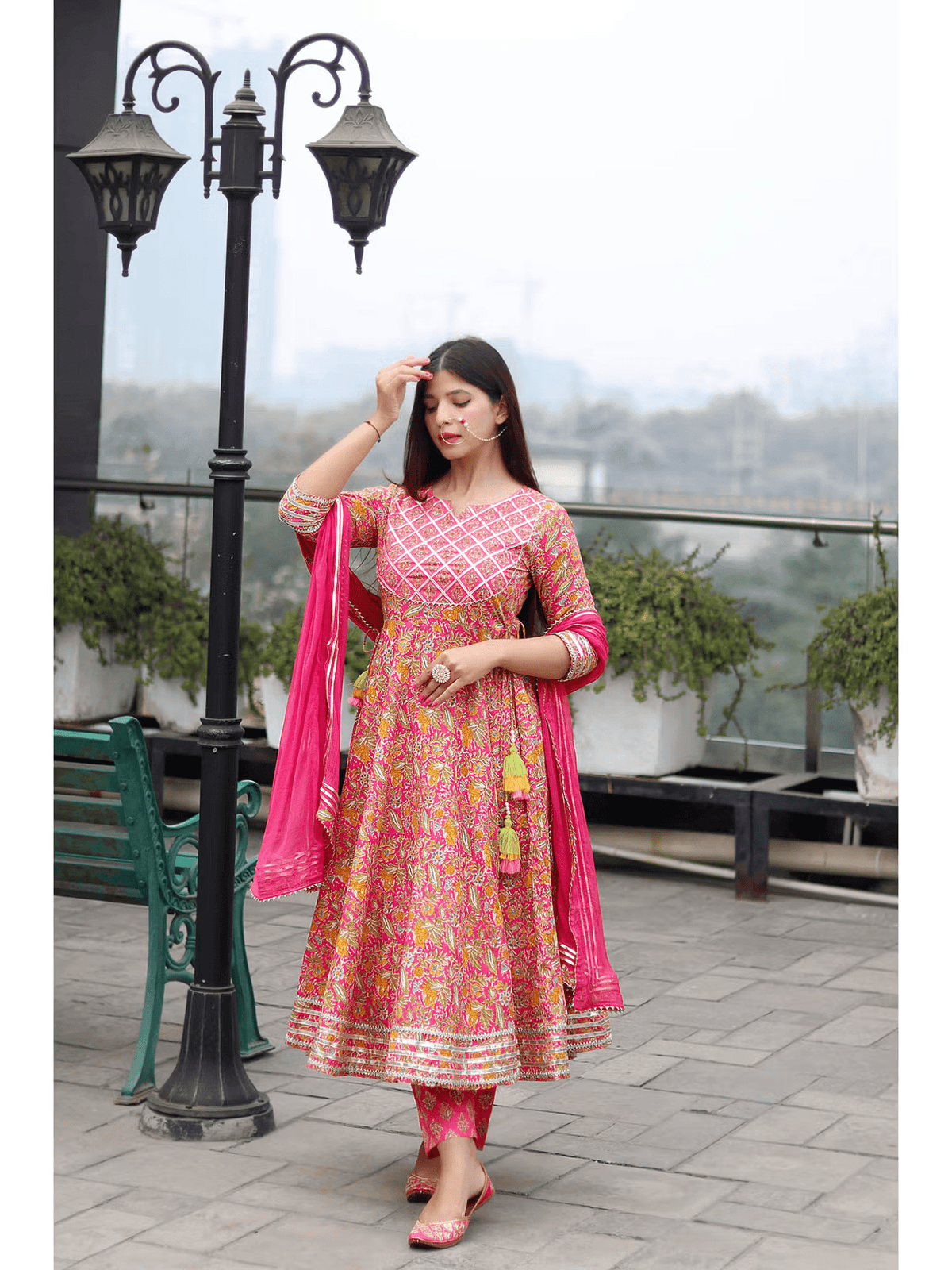 Floral Anarkali Kurta Set in Pink with Elegant Design and Matching Dupatta for Festive Wear