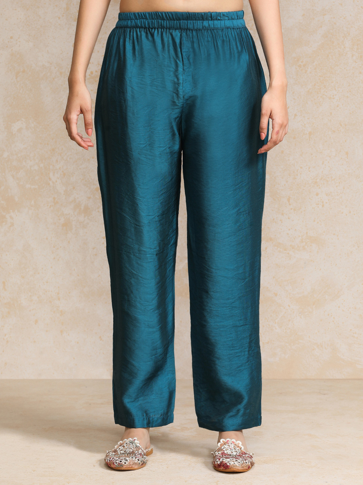 Teal Silk Trousers from Aromie for Floral Anarkali Kurta Set with Comfortable Elastic Waistband