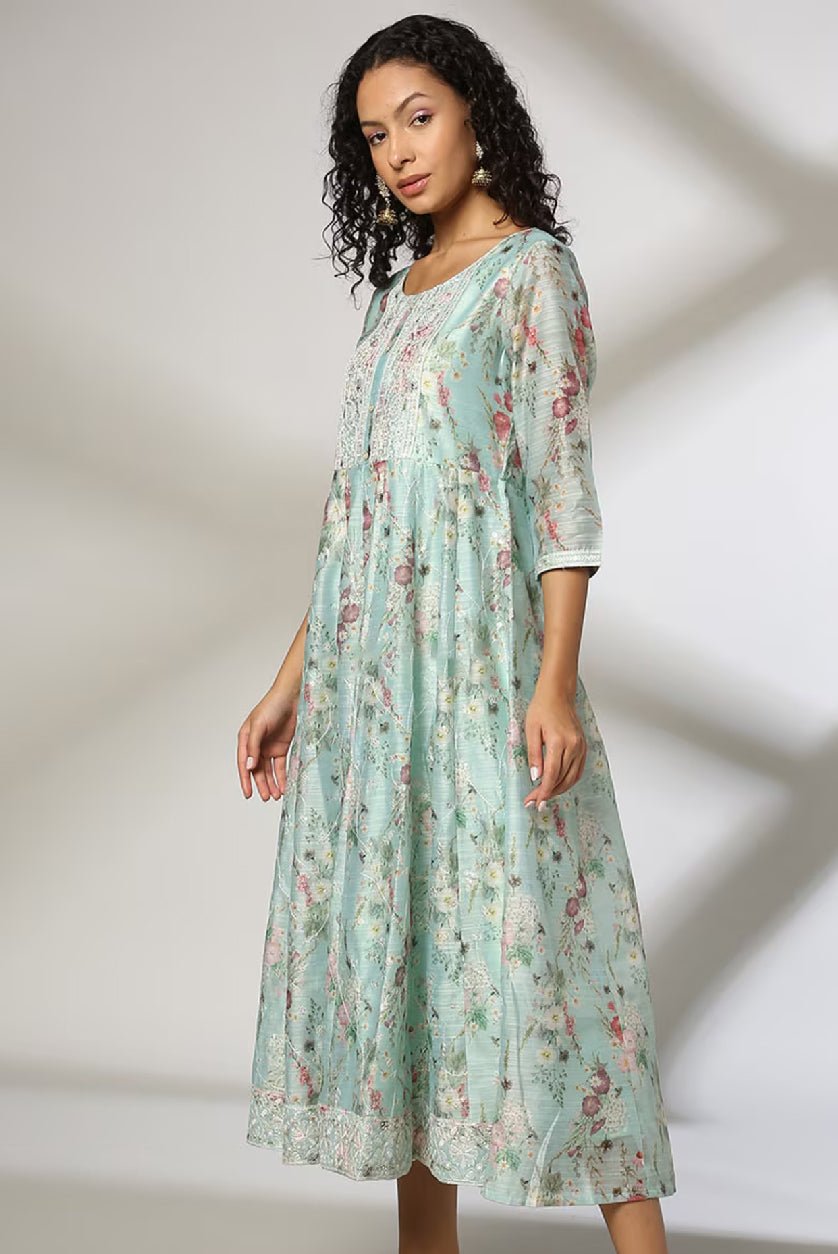 Aromie Floral Chanderi Dress Canada in light blue with floral patterns and three-quarter sleeves