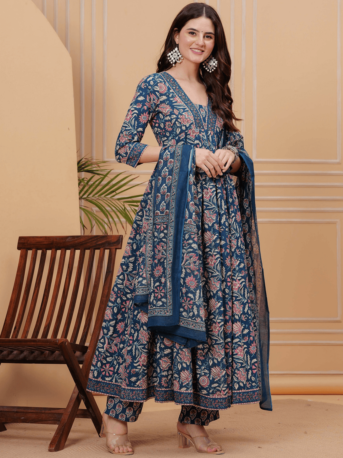 Floral Cotton Anarkali Kurta in Blue with Elegant Design and Details, Perfect for Special Occasions
