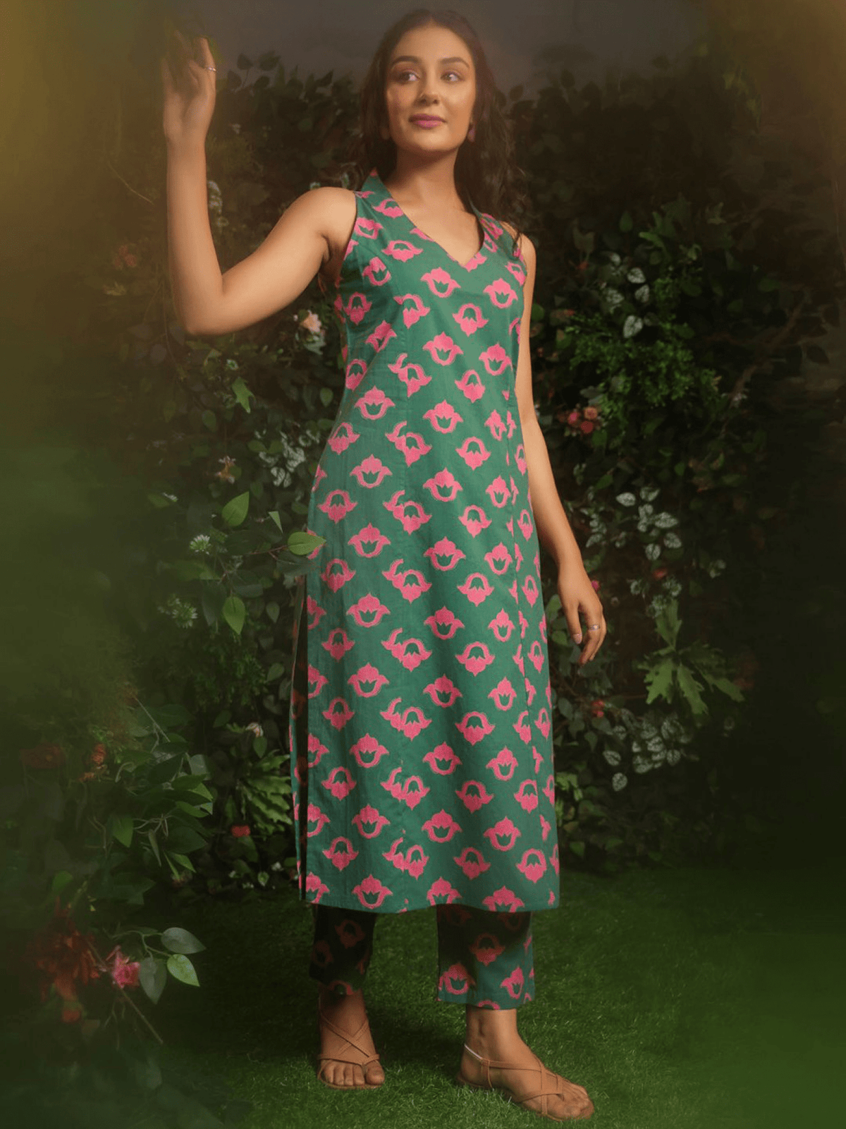Floral cotton kurta set in green with pink floral patterns, perfect for casual wear