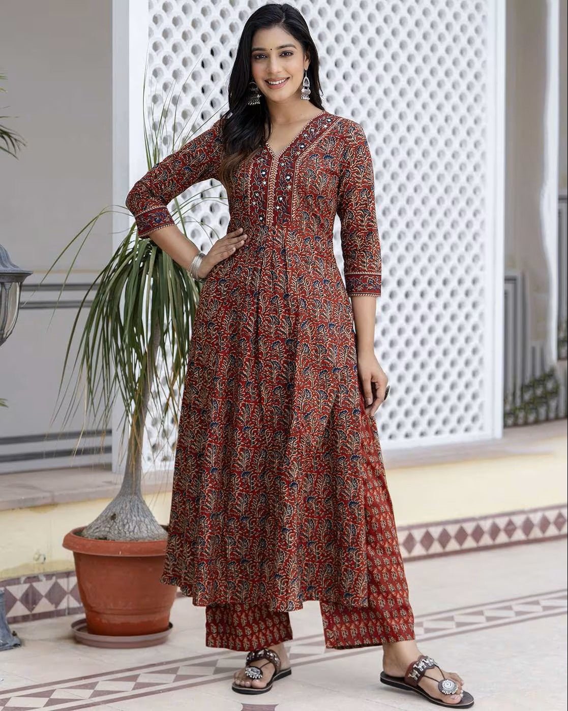 Aromie floral cotton kurta set in rich colors with three pieces and elegant button details