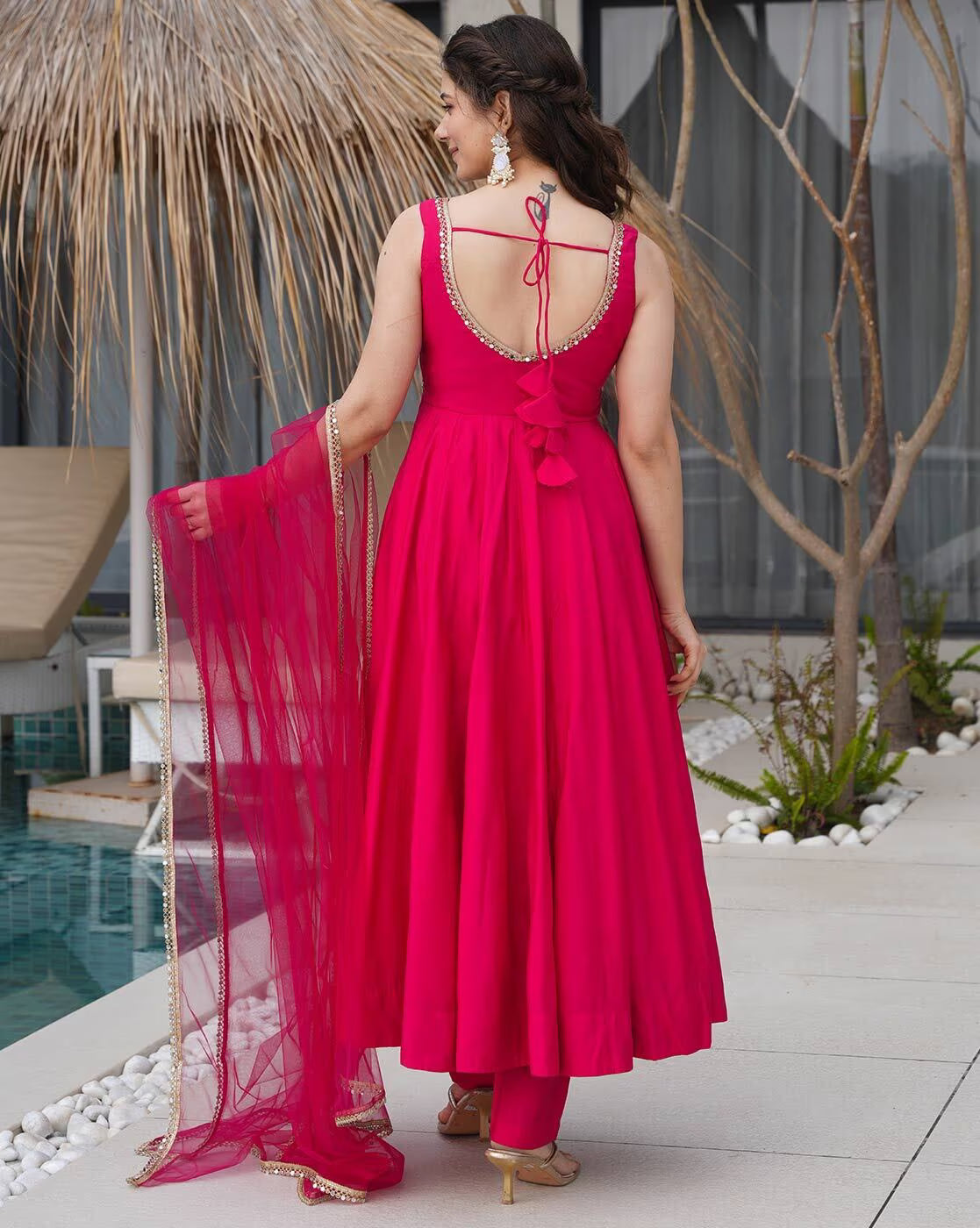 Floral Cotton Kurta with Dupatta in vibrant pink, featuring a stylish back design and elegant embellishments