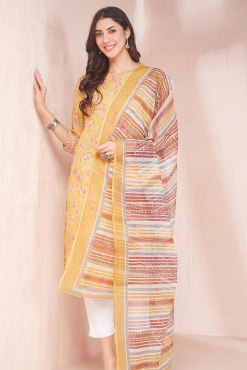 Aromie Floral Cotton Kurta with Dupatta in vibrant yellow and multi-colored patterns