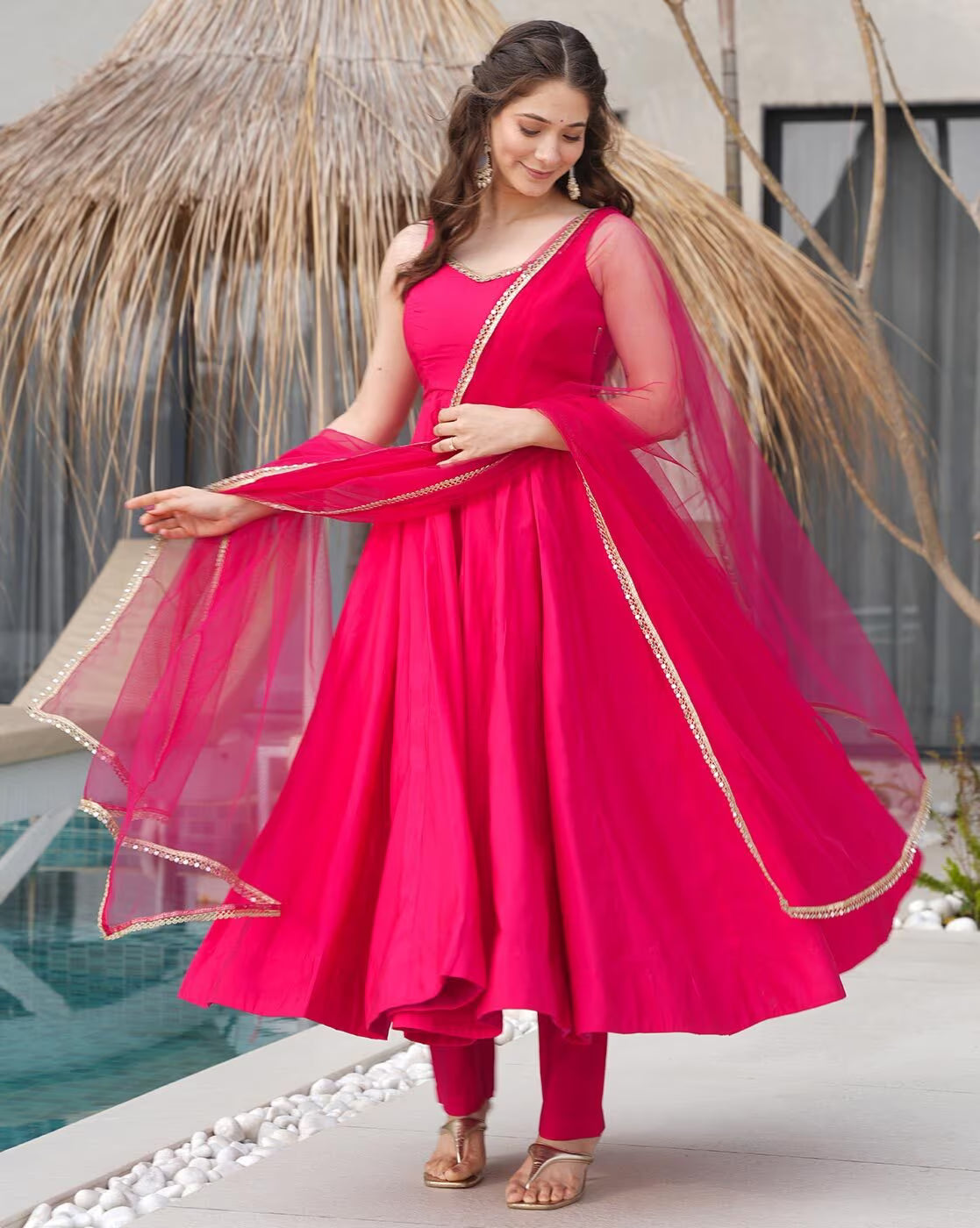 Floral Cotton Kurta with Dupatta in vibrant pink, featuring elegant sheer detailing for a chic look