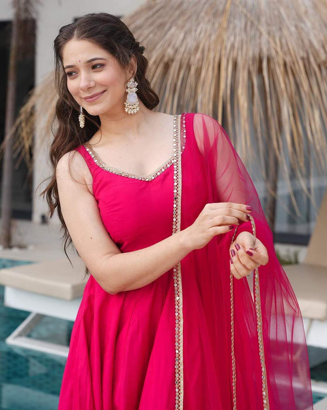 Elegant Floral Cotton Kurta with Dupatta in vibrant pink, perfect for festive occasions and celebrations.