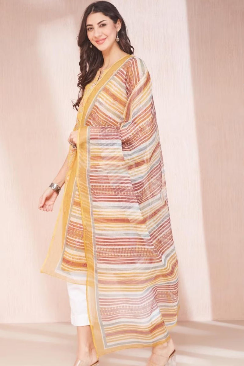 Elegant Floral Cotton Kurta with Dupatta in Vibrant Stripes for Stylish Casual Wear