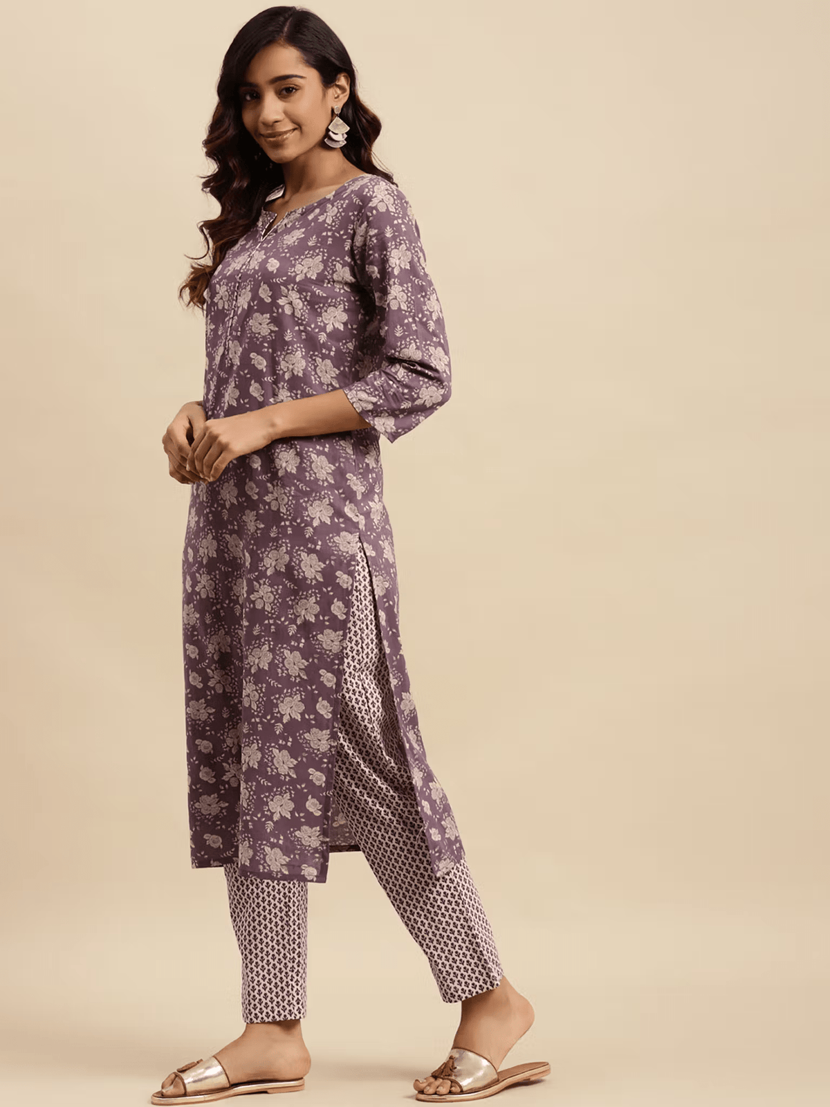 Floral Cotton Purple & Off White Kurta Set – Comfortable Fit with Slant Pocket & Straight Pant - aromie