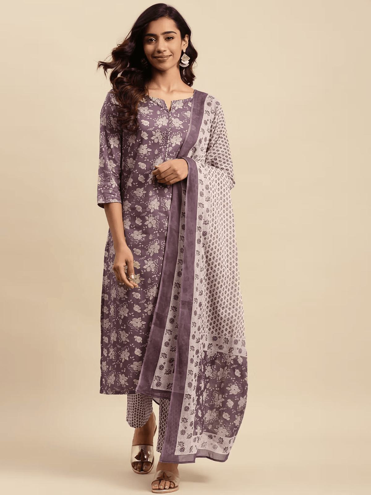 Floral Cotton Purple & Off White Kurta Set – Comfortable Fit with Slant Pocket & Straight Pant - aromie