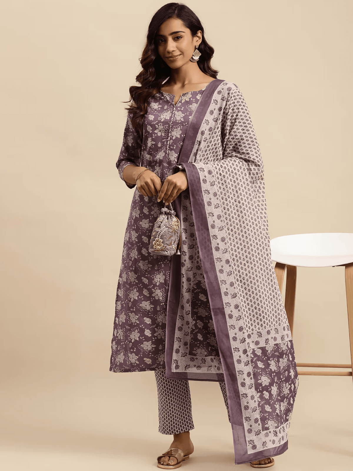 Floral Cotton Purple & Off White Kurta Set – Comfortable Fit with Slant Pocket & Straight Pant - aromie