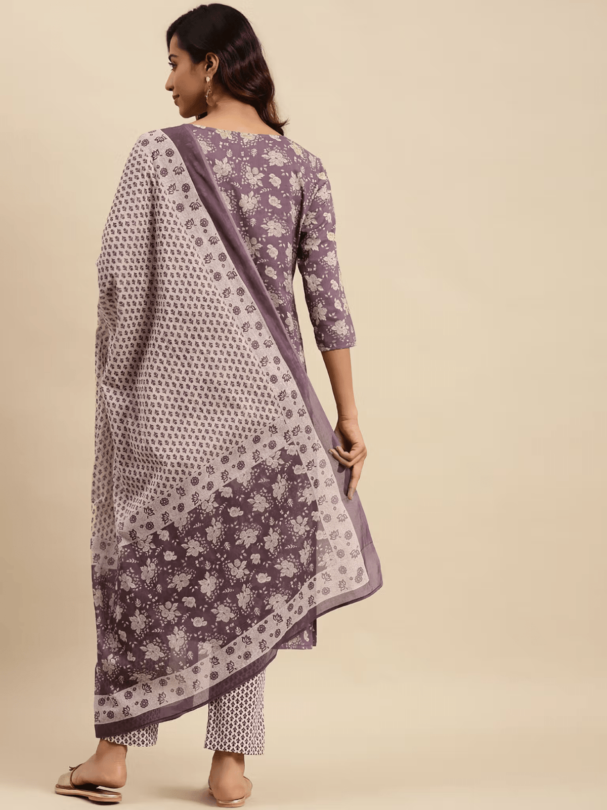 Floral Cotton Purple & Off White Kurta Set – Comfortable Fit with Slant Pocket & Straight Pant - aromie