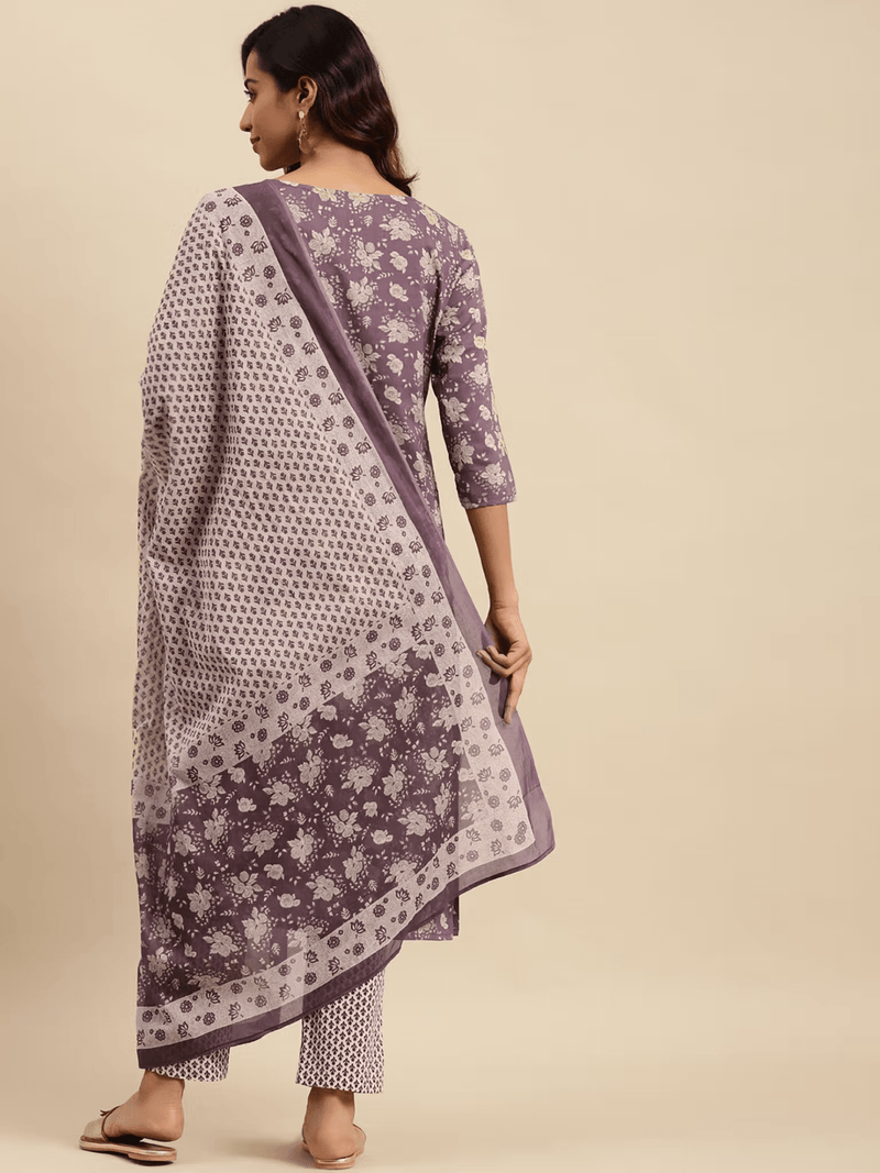 Floral Cotton Purple & Off White Kurta Set – Comfortable Fit with Slant Pocket & Straight Pant - aromie