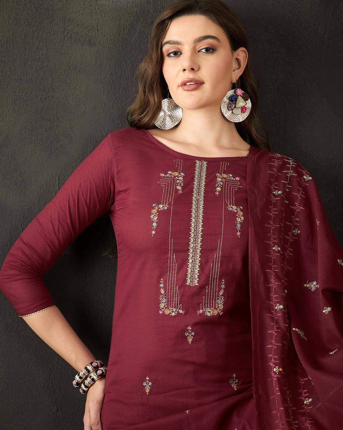 Aromie three piece floral embroidered cotton kurta set in maroon with detailed embroidery and matching dupatta