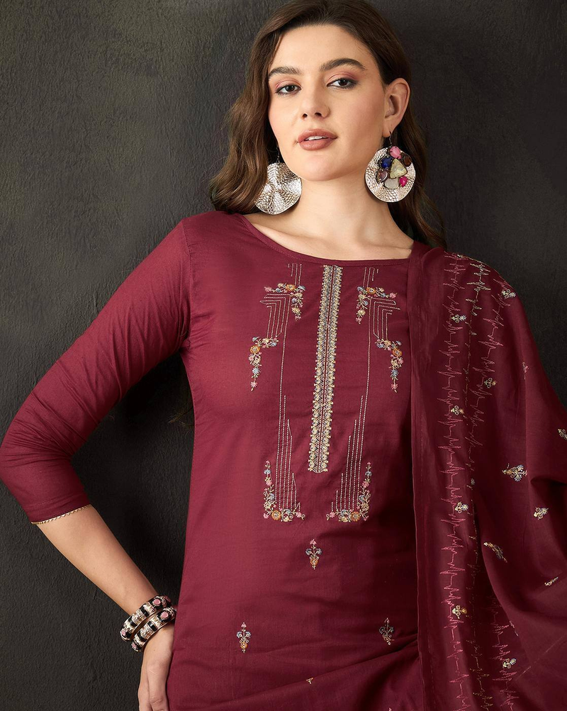 Aromie three piece floral embroidered cotton kurta set in maroon with detailed embroidery and matching dupatta