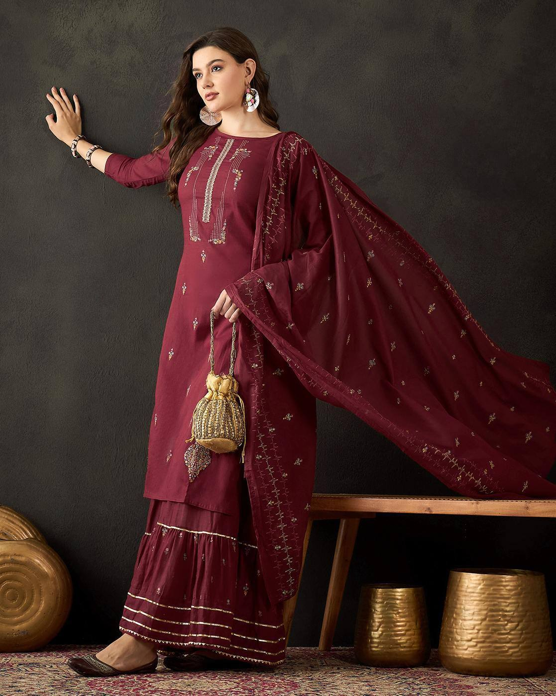 Aromie floral embroidered cotton kurta set in maroon with detailed embroidery and matching dupatta