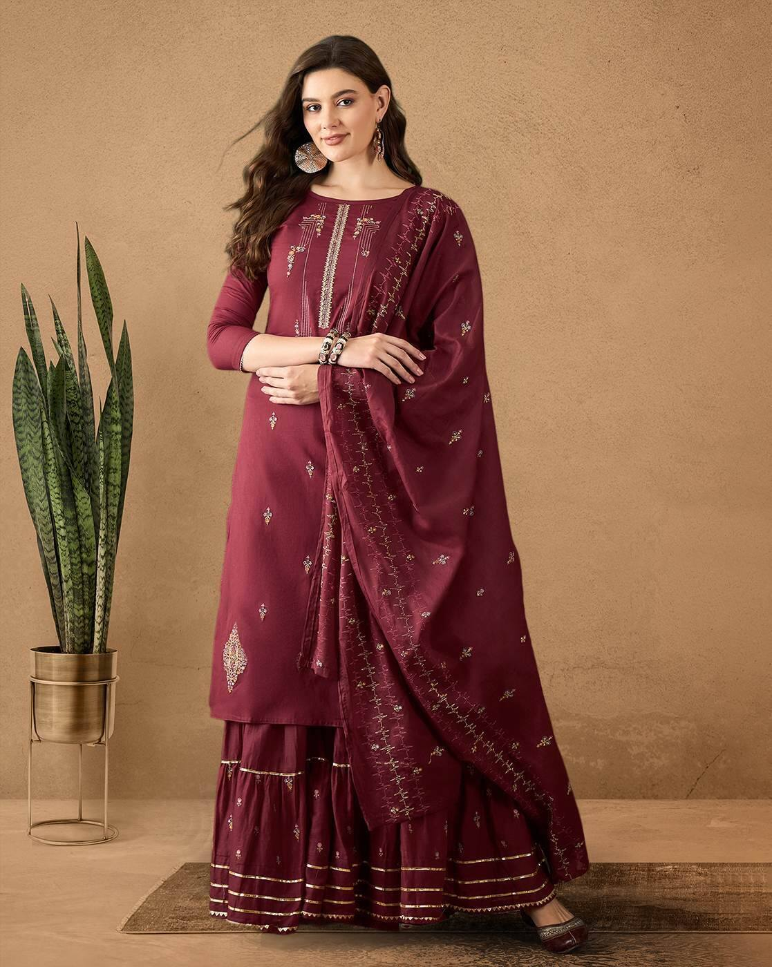 Aromie three piece floral embroidered cotton kurta set in maroon with intricate embroidery and matching dupatta