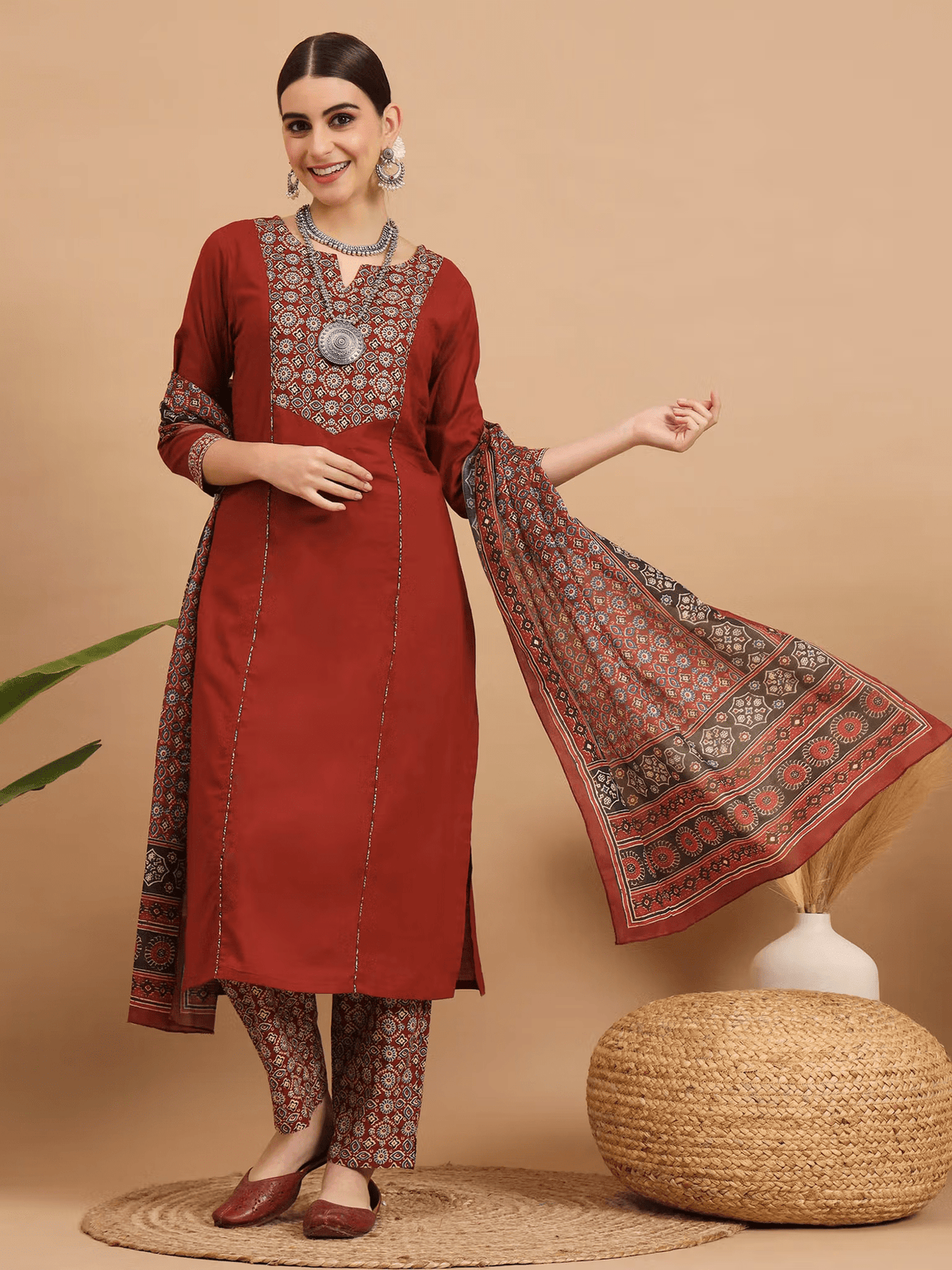 Floral Embroidered Cotton Kurta Set - Three Piece