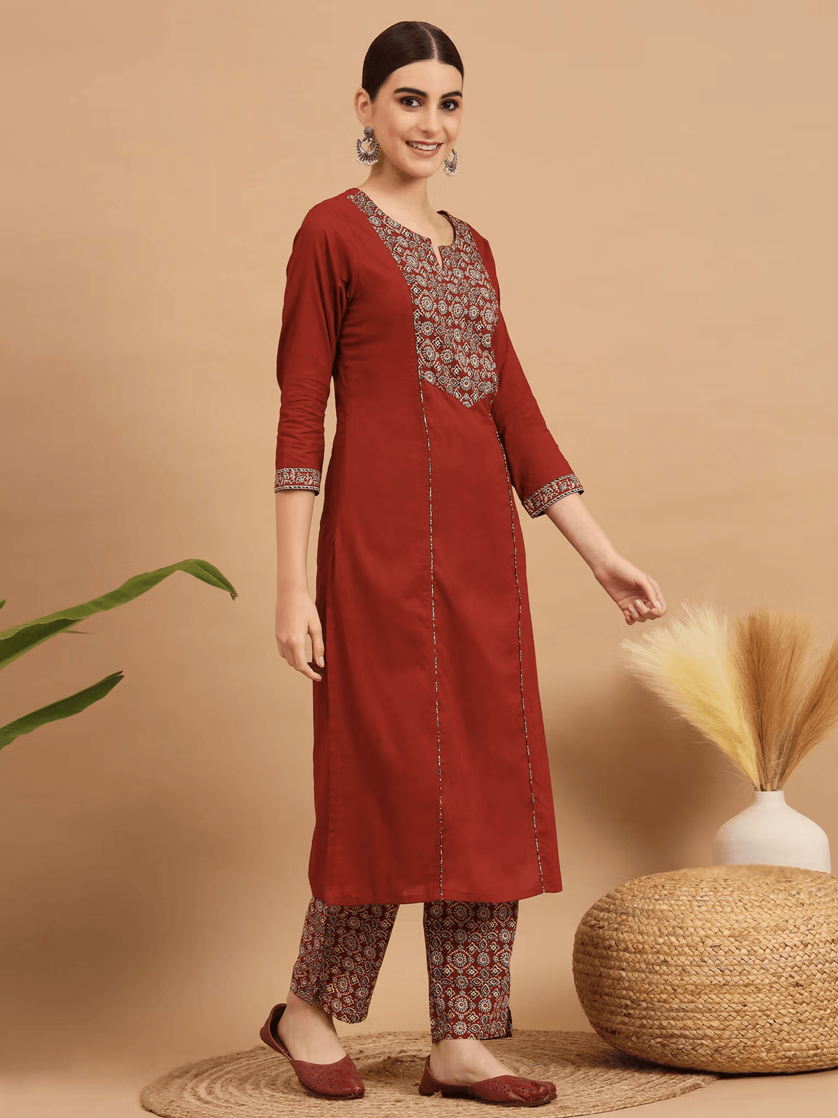 Floral Embroidered Cotton Kurta Set - Three Piece