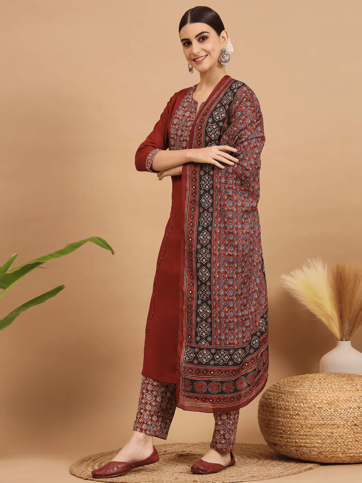 Floral Embroidered Cotton Kurta Set - Three Piece